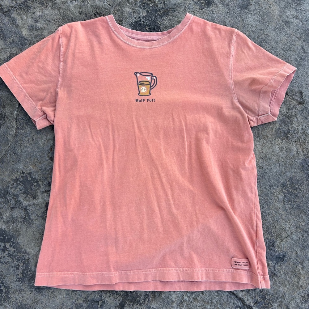 LIFE IS GOOD WOMENS Peach t-shirt "Half Full" Short Size M Medium Lemonade